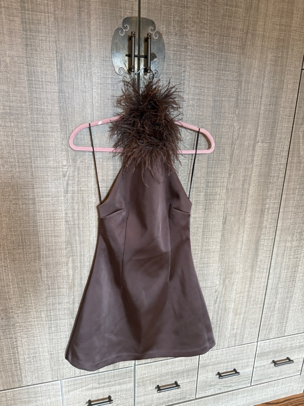 Zara‎ Feather Halter In Chocolate Mini Dress